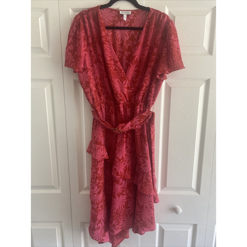 Sofia Jeans Faux Wrap Dress Womens Size L Red Pink Floral Ruffle Midi Belted